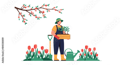 Gardener with a box of plants and a watering can tends a vibrant spring garden of tulips under a blossoming branch while wearing a wide hat and sturdy overalls.