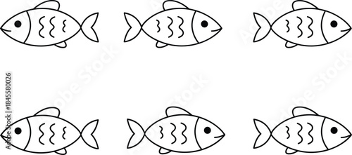 Seamless vector illustration pattern featuring six identical stylized simple line-art fish swimming together, representing marine life, aquatic animals, food sources,