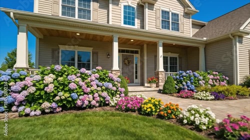 Beautiful home with vibrant hydrangea bushes and colorful flowers blooming in a lush garden during daytime