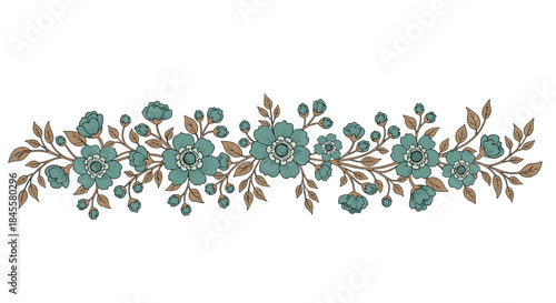 Elegant teal floral border with brown leaves spans the width of the image providing a decorative border suitable for invitations banners and design projects.
