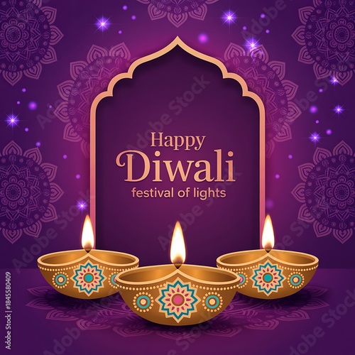 Wallpaper Mural Happy diwali festival of lights with traditional diyas on purple background Torontodigital.ca
