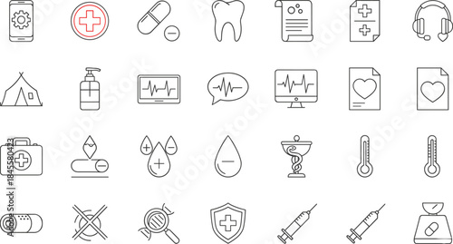 Comprehensive collection of essential linear medical and healthcare icons, depicting telemedicine, first aid, dentistry, emergency services, 