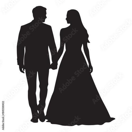  Elegant wedding couple holding hands in a striking black silhouette