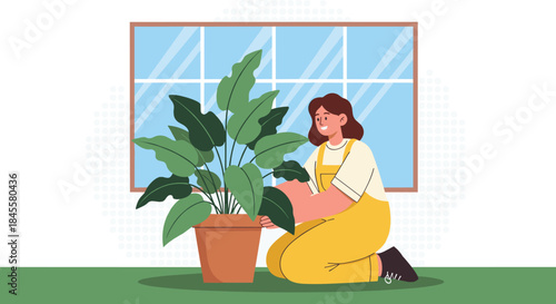 Woman tends a large broad leaf indoor plant near a wide window carefully adjusting soil and leaves while kneeling on the floor in a bright cozy home space with soft light.