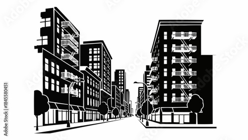 Black and White Cityscape with Buildings and Street.