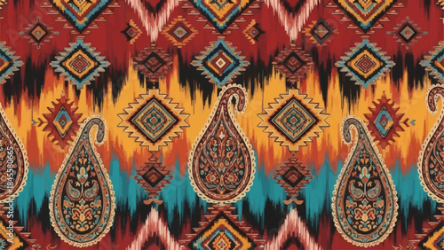 Vibrant Paisley and Ikat Pattern Seamless Textile Design.