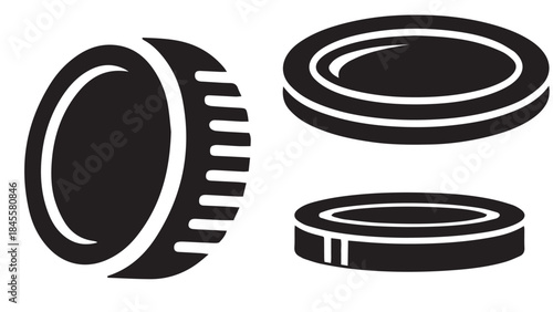 Set of black silhouette coin vector icons showing isometric, top, and side views for financial currency or gaming token design
