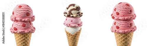A delightful trio of colorful ice cream cones with various scoops on a white background