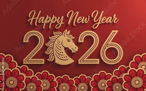 Happy new year 2026 with gold horse head and flowers on red background