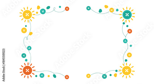 Colorful decorative frame with sun motifs and dotted paths creating a playful border around an open white space for graphic design and framing.