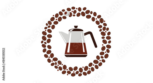 Coffee pot is framed by a circular ring of roasted beans representing brewing tradition and warm conversations around a fresh cup.