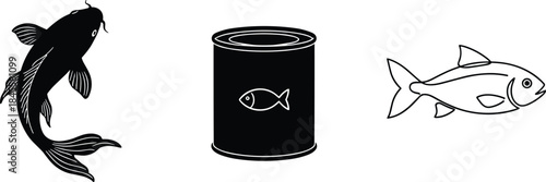 Vector illustration set for the food industry featuring a Koi fish silhouette, a canned fish product icon, and a simple outline of a small fish, representing aquaculture,