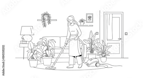 Cleaning a sunny living room as a person vacuums the floor while potted plants line the couch and shelves creating a calm home atmosphere.
