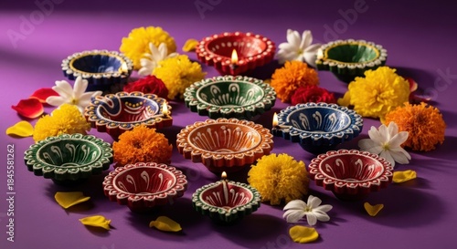 Colorful lit oil lamps (diyas) arranged with flowers on a purple background