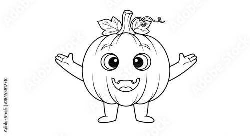 Friendly pumpkin character with big eyes and wide smile stretches arms wide inviting kids to celebrate autumn harvest and halloween coloring fun.