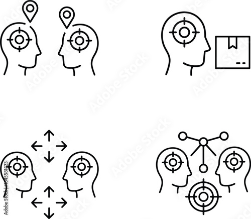 Strategic business icons collection depicting targeted marketing, consumer behavior, and collaborative effort to achieve organizational goals, focusing on customer experience and success.