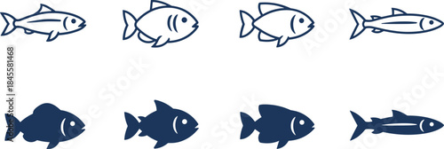 Vector set of eight simple fish illustrations, presented in both outline and solid silhouette styles, representing aquatic wildlife, commercial fishing, healthy food,