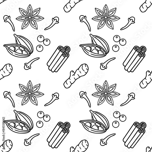 Seamless vector pattern of various culinary spices including star anise, cloves, cardamom pods, cinnamon sticks, ginger, and peppercorns, rendered in a clean, minimalist outline style on a white ba...