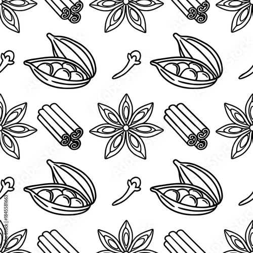 Seamless vector pattern featuring line art illustrations of star anise, cinnamon sticks, cardamom pods, and cloves on a white background.