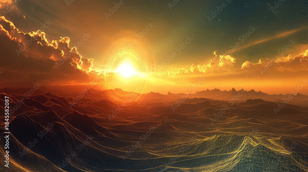 Obraz premium Futuristic wireframe mountain ranges glow beneath a dramatic starry sky, merging digital topography, data networks and an alien sunset into a sci fi, tech landscape concept