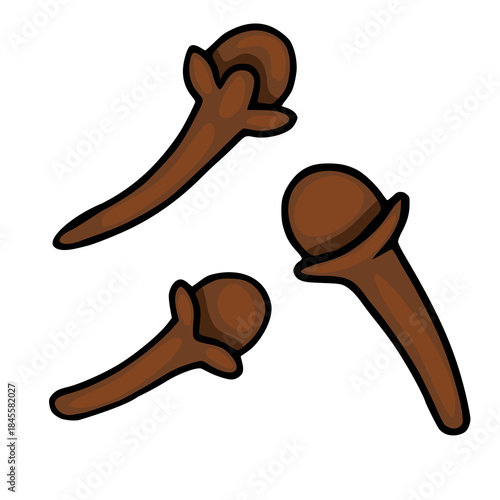 Stylized vector illustration of three brown cloves with bold black outlines, isolated on a white background, representing culinary spice elements.