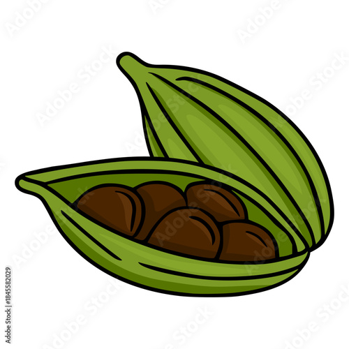 Stylized vector illustration of two green cardamom pods, one opened to reveal dark brown seeds, on a white background.