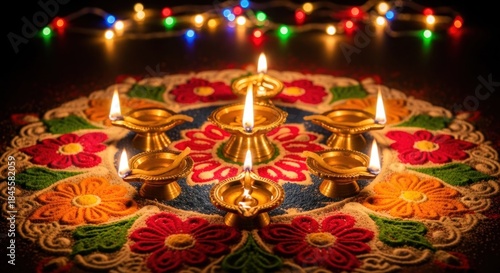 Lit oil lamps on a vibrant floral Rangoli pattern, with festive lights in the background