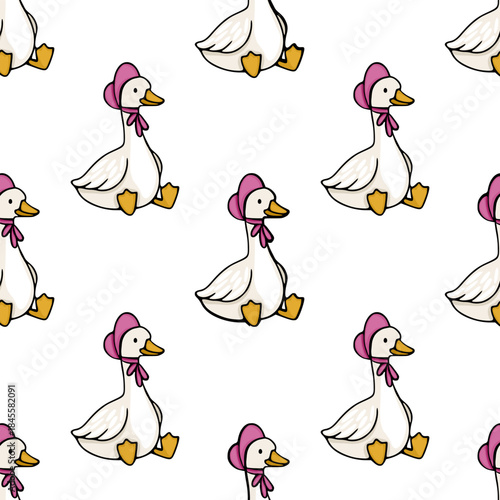 Charming vector pattern of cute white geese wearing pink bonnets and bows, set against a clean white background.