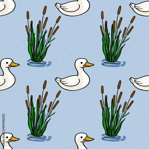 Seamless vector pattern of cute white ducks swimming among cattails in calm blue water, rendered in a simple, charming cartoon style.