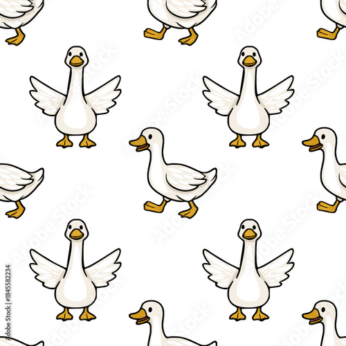 Adorable white geese with spread wings and walking poses, forming a charming seamless vector pattern on a clean white background.