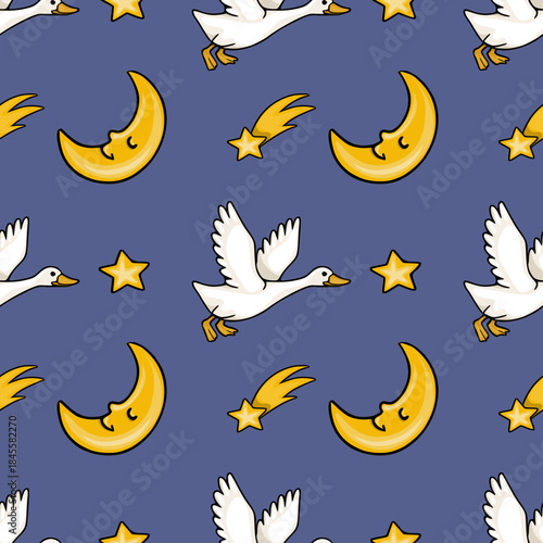 Whimsical vector pattern featuring flying geese, crescent moons with faces, and shooting stars on a deep blue background.