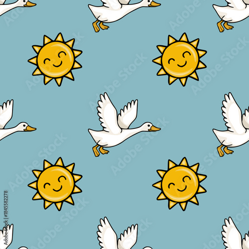 Cheerful white geese flying across a serene blue sky with smiling suns, a delightful seamless vector pattern for whimsical designs.