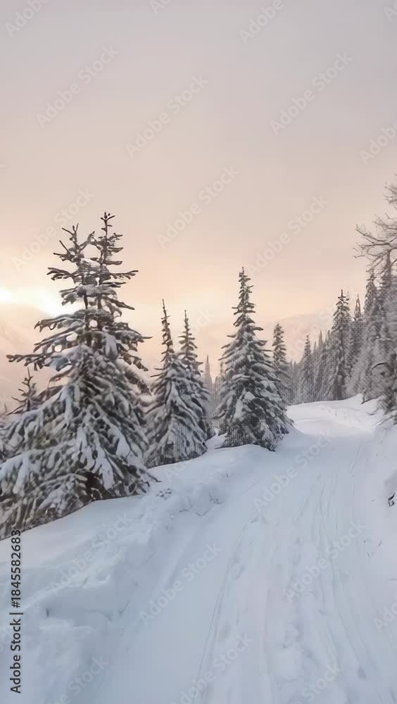 custom made wallpaper toronto digitalVertical video: Starting camera moving along snow trail on mountain slope, showing firs and ridges