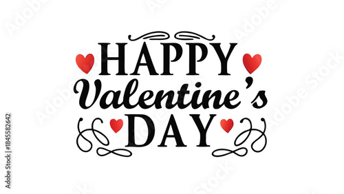 Flat illustration featuring bold black stylized happy valentine's day text with red hearts on white background for romantic greeting cards and festive decorations