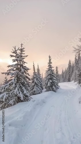 Wallpaper Mural Vertical video: Starting camera moving along snow trail on mountain slope, showing firs and ridges Torontodigital.ca