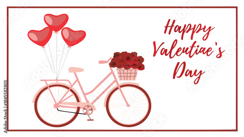 A pastel pink bicycle with heart shaped balloons and flowers on valentine's day