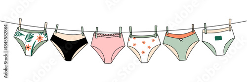 Women’s panties hanging on a rope, drying after washing, various underwear options, flat vector illustration, laundry concept, home chores, clothing, casual apparel, household activity, colorful vecto