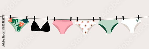 Women’s panties hanging on a rope, drying after washing, various underwear options, flat vector illustration, laundry concept, home chores, clothing, casual apparel, household activity, colorful vecto