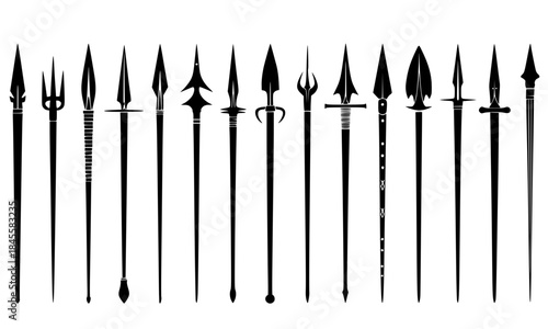 Medieval and Fantasy Spear and Polearm Silhouettes, Vintage Weapon Head Collection, Black and White Vector Set