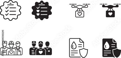 Medical charity and blood donation service icons featuring care delivery and health support concepts