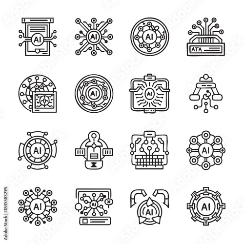 Artificial intelligence technology icons set  various AI symbols