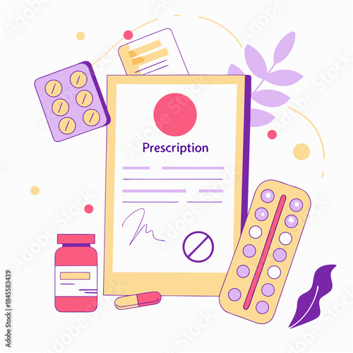 "Medical prescription medication vector illustration with pills capsules bottle, healthcare pharmacy treatment concept for medical and pharmaceutical design"

