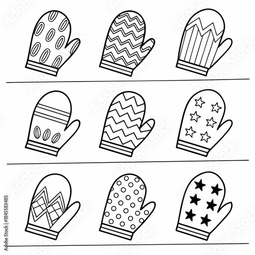"Winter mittens coloring pages vector set with patterns, outline drawings for kids cold weather activity craft and seasonal holiday educational fun"

