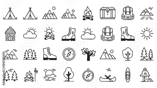 Camping and Hiking Outline Icons Set for Outdoor Adventures