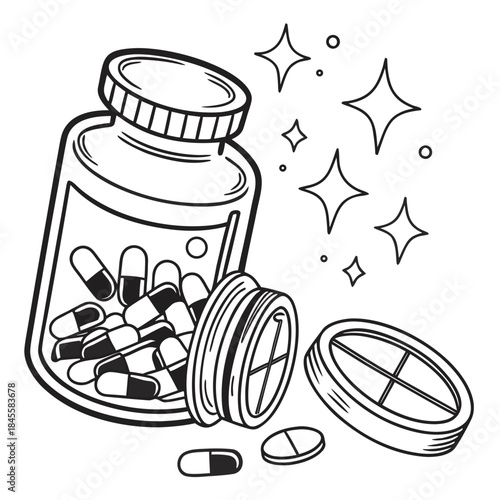 "Medicine bottle pills spill vector illustration with stars, pharmaceutical healthcare concept for coloring book medical theme and health awareness"

