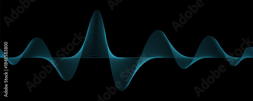 Abstract blue wavy lines of the sound wave. Dynamic gradient pulsating wave. Musical neon concept, symbols of the frequency of digital music. Vector illustration on a black background