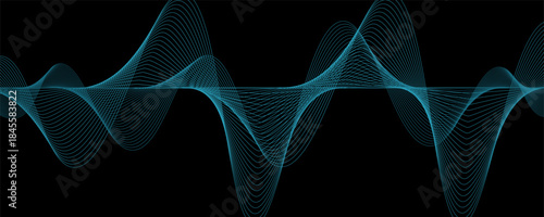 Abstract blue wavy lines of the sound wave. Dynamic gradient pulsating wave. Musical neon concept, symbols of the frequency of digital music. Vector illustration on a black background