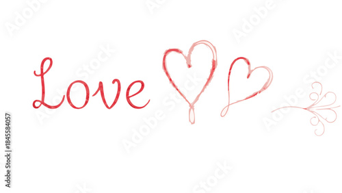 Thick red cursive love text with two heart shapes on white background for romantic designs, valentine's day concepts, and affectionate themes with elegant calligraphy