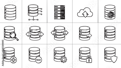 Database Management Icons Set for Data Security and Technology