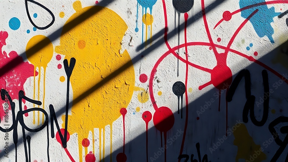 Obraz premium Urban wall adorned with vibrant paint splatters, embodying abstract street art energy.
